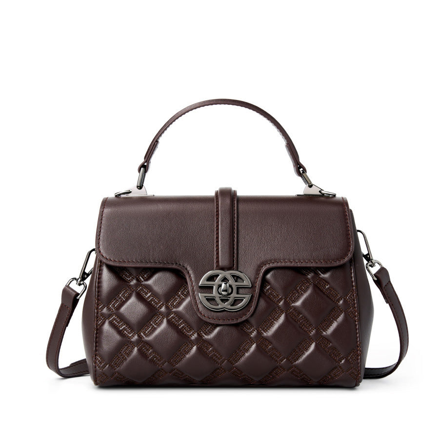 Lingge New Fashion Women's Bag Top Layer Cowhide Large Capacity Versatile Trendy Single Shoulder Crossbody Bag Genuine Leather Light Luxury Handbag