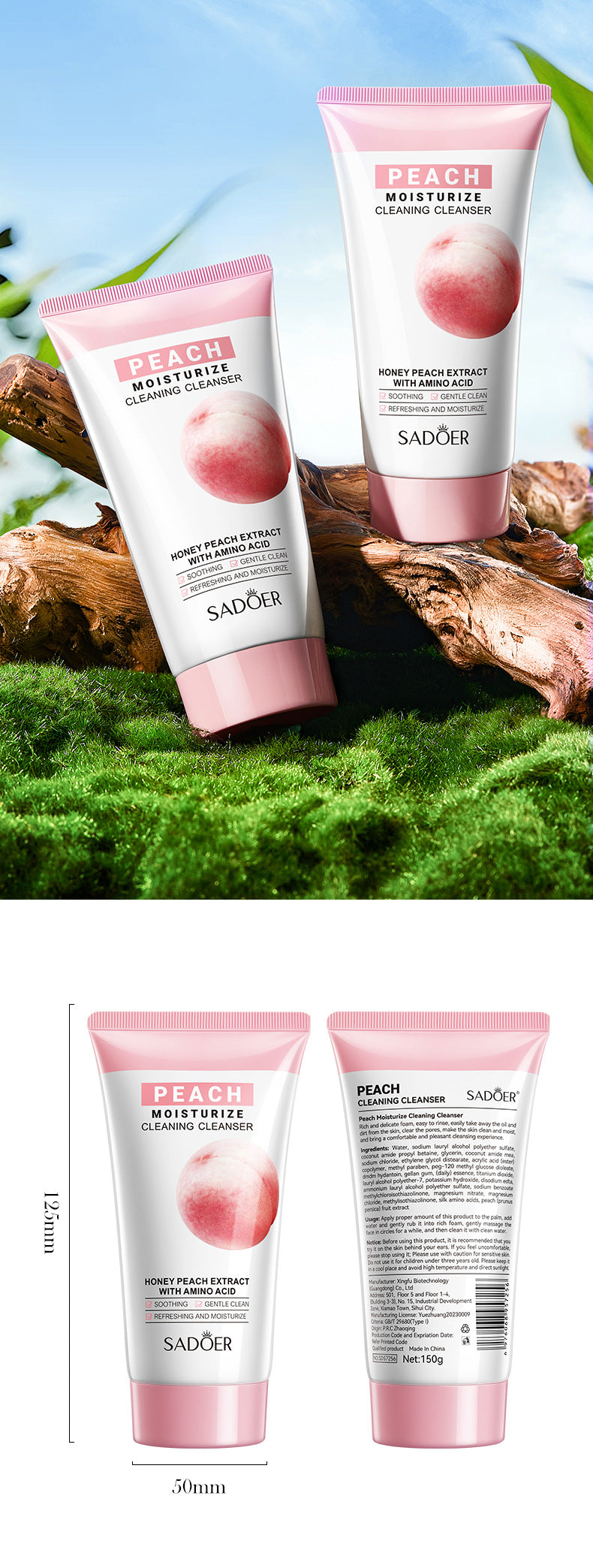 Facial Cleanser150g SADOER Green Tea Cleansing Peach Moisturizing Cleanser  Wholesale