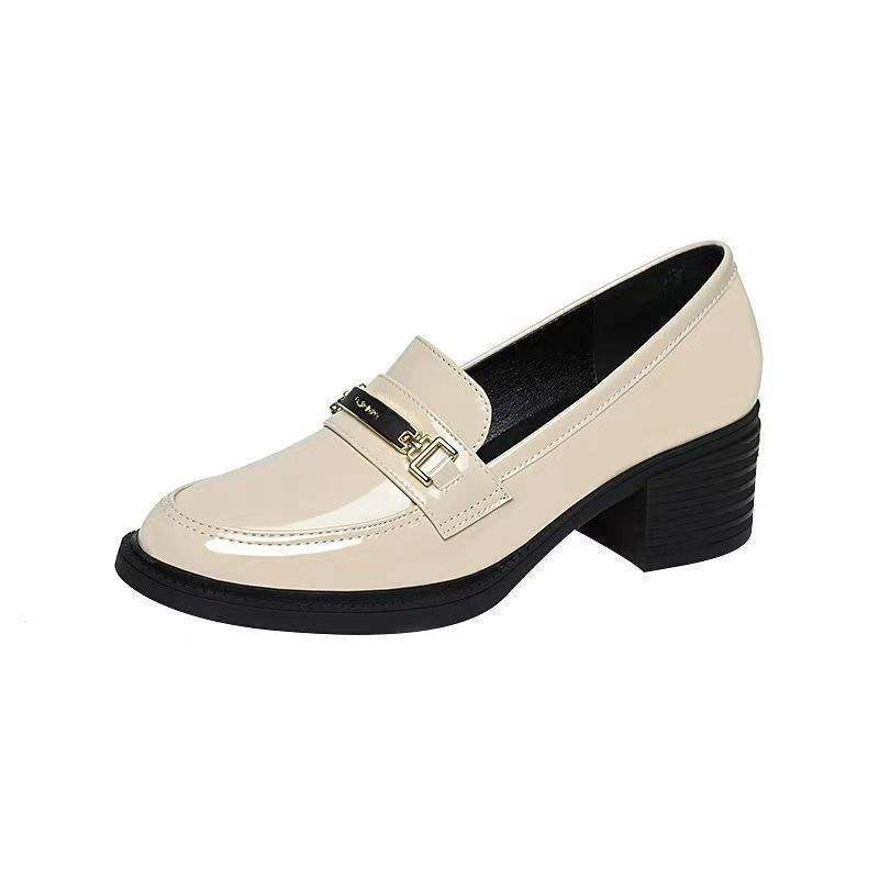 Soft Sole Women's Single Shoes Retro Spring and Autumn New Thick Heel Loafers Mid Heel Round Toe Chanel Style Slip-On
