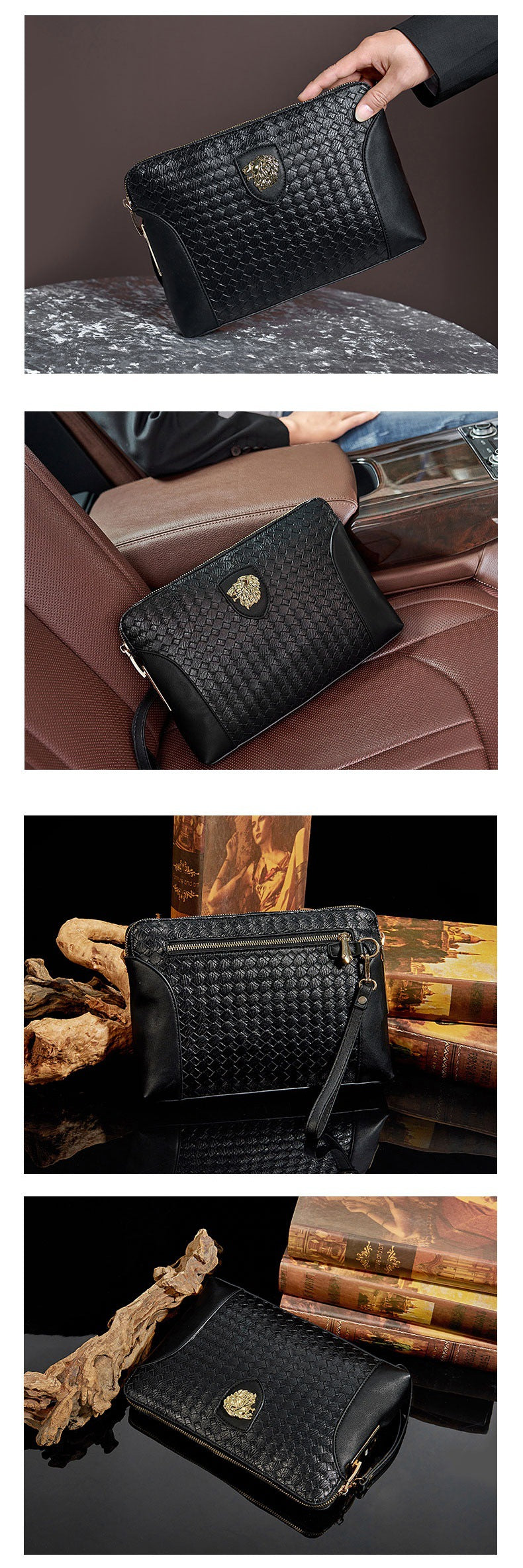 Fingerprint Lock Clutch Bag Large Capacity Business Men's Genuine Leather Handheld Luxury Woven Clutch Portable Fingerprint Unlock