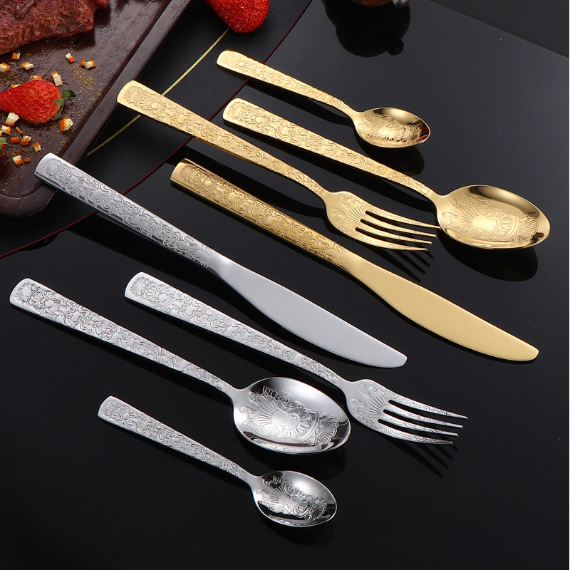 410Stainless Steel Tableware Hotel Restaurant Totem Knife Fork Spoon Set Vintage Pattern Western Steak Knife Fork