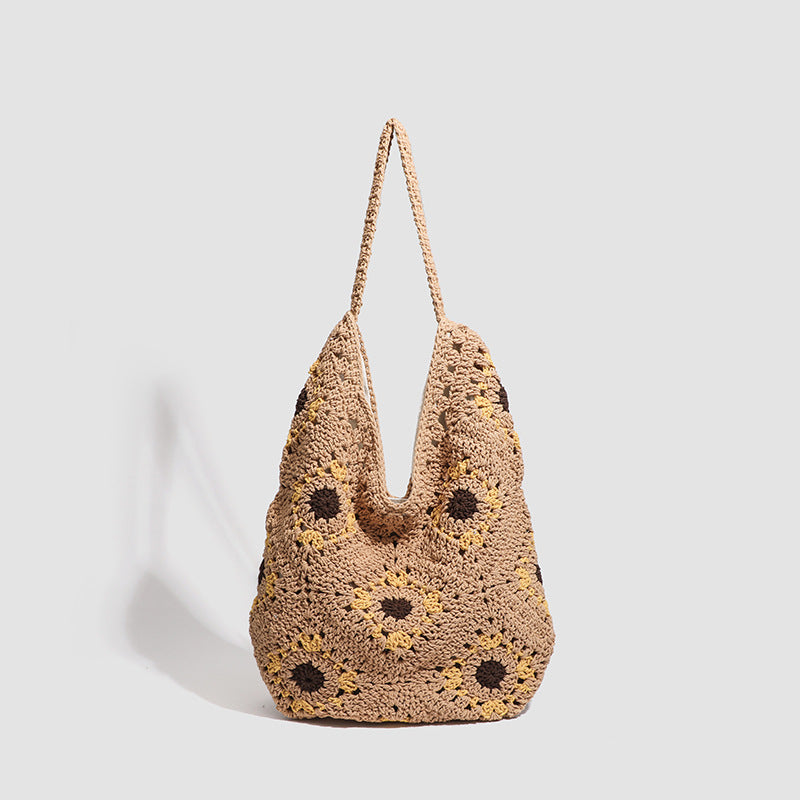 European and American Spring New Handmade Cotton Thread Crochet Hollow Sunflower Flower Woven Shoulder Bag for Women Straw Underarm Bag