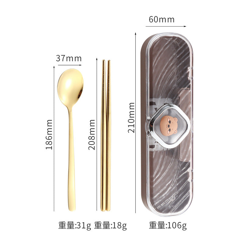 304Stainless Steel Tableware Student Cartoon Portable Tableware Set Work Outdoor Fork Spoon Chopsticks Three-piece Set