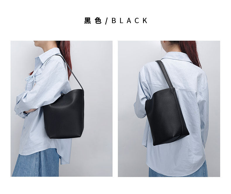 Autumn and Winter Niche row Bucket Bag Top Layer Cowhide Single Shoulder Bag Large Capacity Tote Bag for Women Commuting