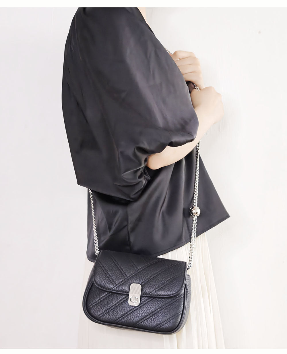 Genuine Leather Women's Bag New Metal Chain Small Square Bag Simple Versatile Chanel Style Single Shoulder Solid Color Embroidered Thread Crossbody Bag