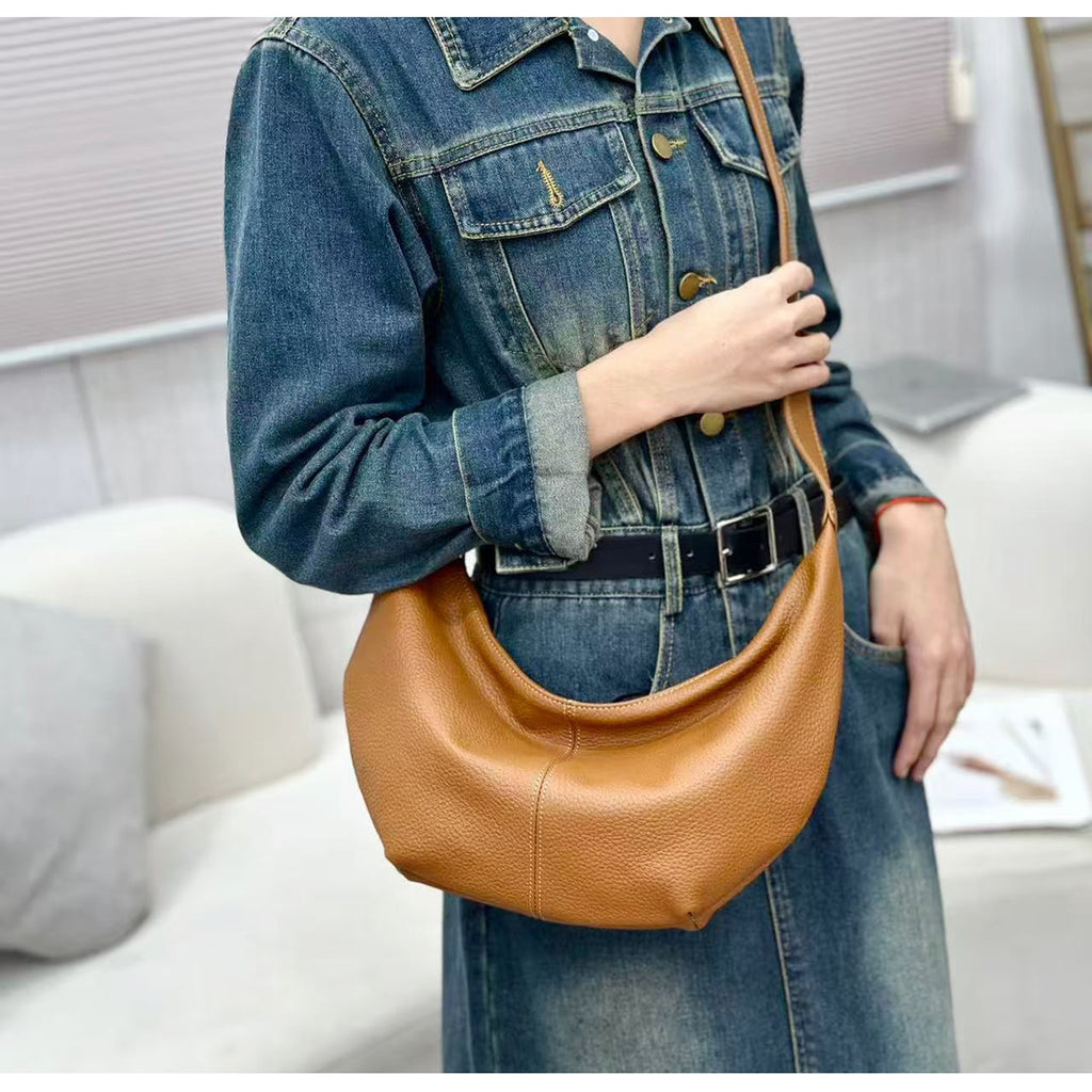 New Genuine Leather Underarm Bag Top Layer Cowhide Horn Dumpling Bag Simple Casual Versatile Single Shoulder Crossbody Bag