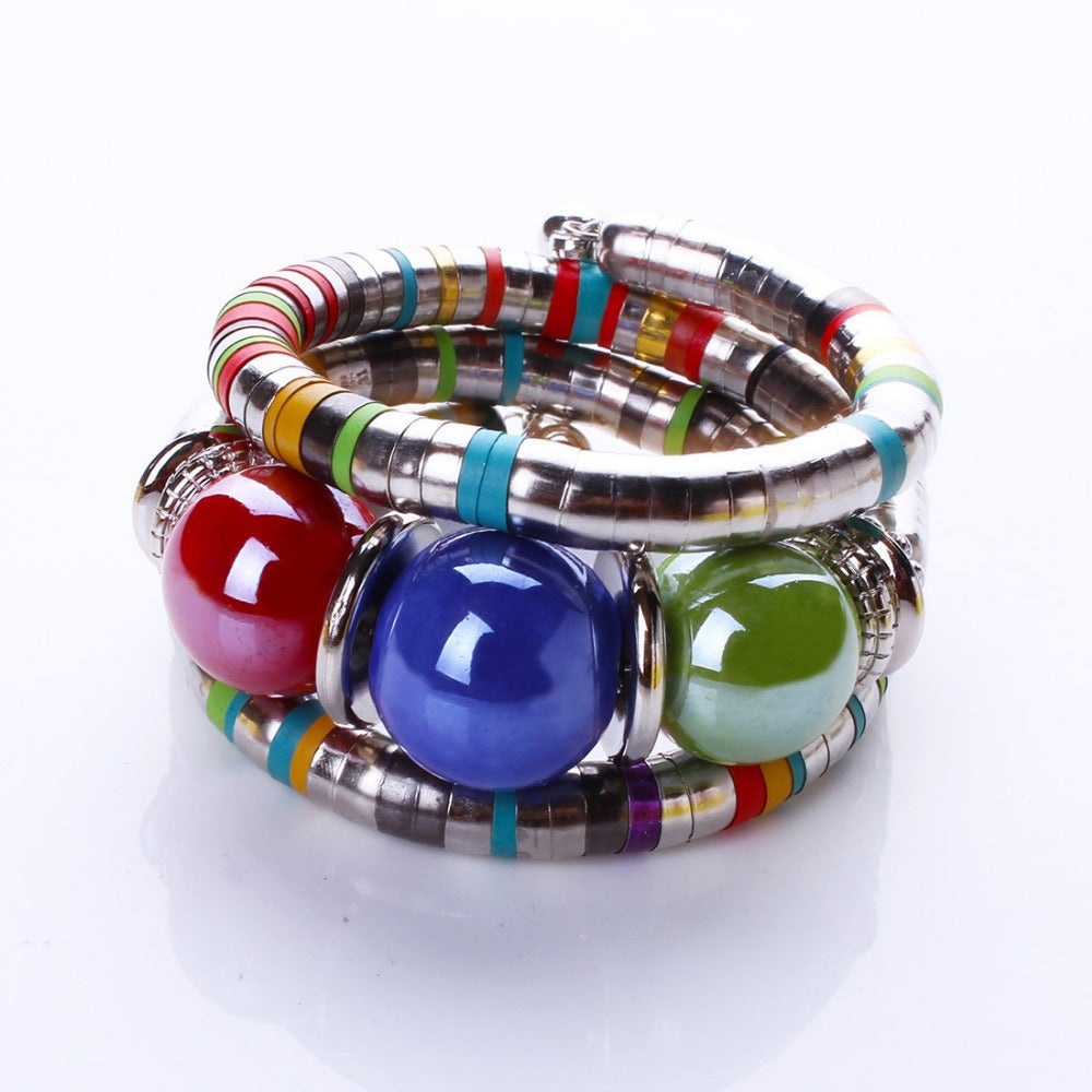 European and American Three-Circle Bracelet Creative Spacer Bead Elastic Snake Bone Bracelet Women's Layered Multi-Layer Bracelet