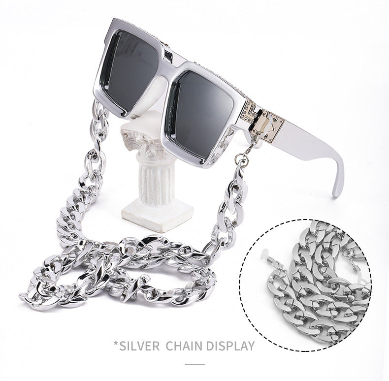 Diamond-Studded Large Square Frame Sunglasses for Women, European and American Style, 0k Influencer Same Style Sunglasses for Men, Trendy and High-End Feel shades