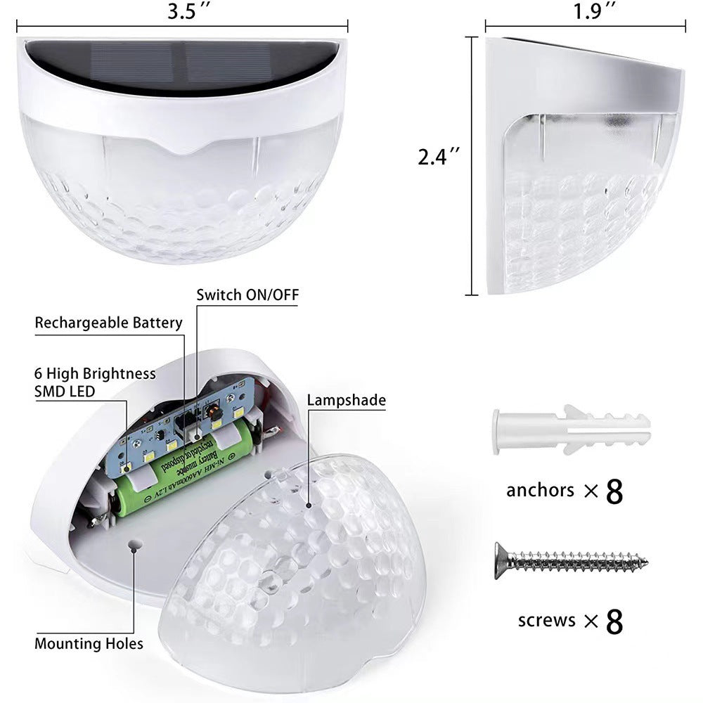 Solar Fence Light Semi-circular Step Light6LED Garden Balcony Wall Lamp Fence Courtyard Decorative Wall Lamp Outdoor