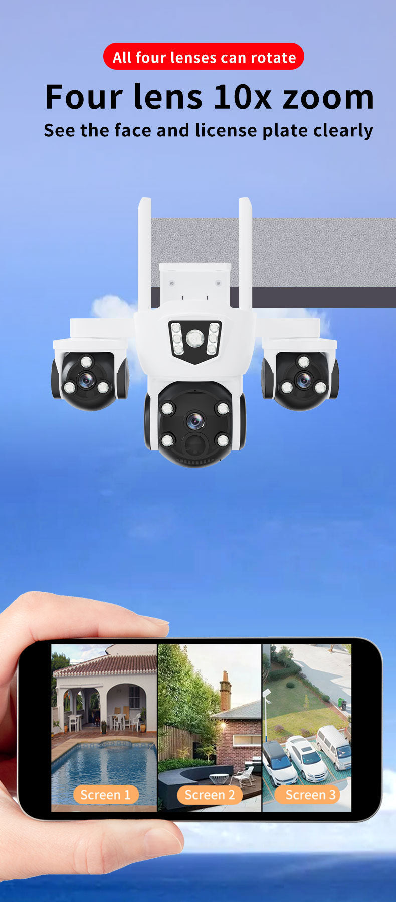 New True Four Eyes WIFI Solar surveillance camera with three-screen monitoring5MP Remote Panoramic Camera