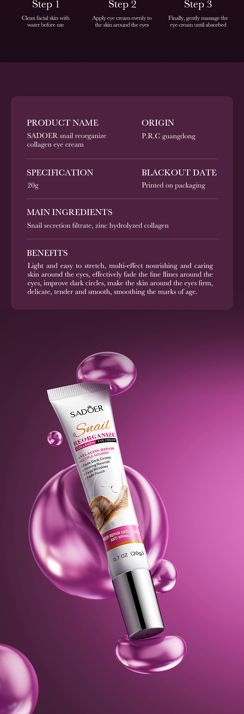 Snail Eye Cream20g SADOER Collagen improves dark circles and wrinkles cross-border wholesale