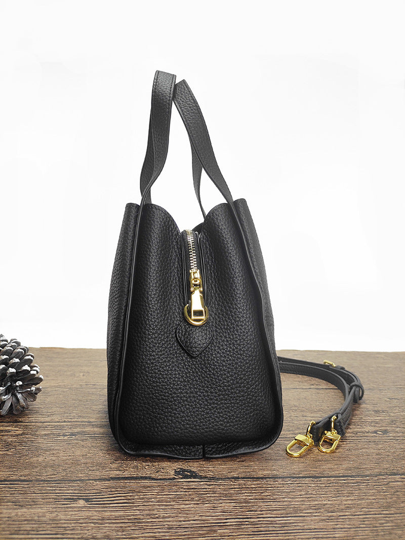 Genuine Leather Basket Bag Handheld Bucket Bag Women's Winter Crossbody Bag Large Capacity Top Layer Cowhide Bucket Style