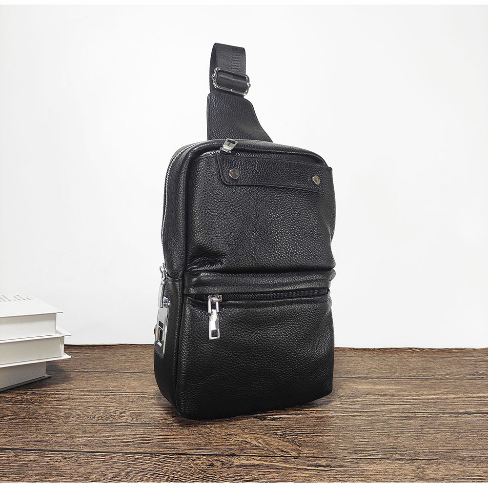 Fingerprint Unlock Men's Bag Genuine Leather Single Shoulder Crossbody Bag Top Layer Cowhide Casual Large Capacity High-end Chest Bag Anti-theft Bag
