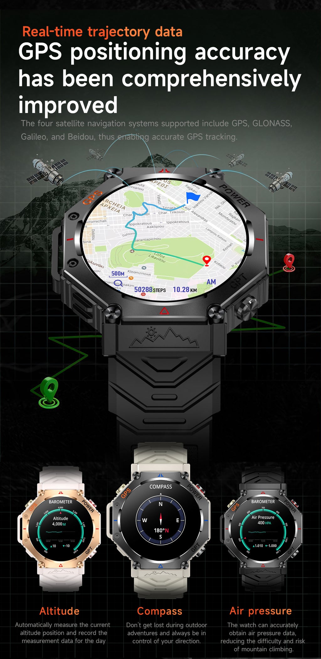 KC91Smart Watch Bluetooth Call Heart Rate Pedometer Sleep3ATM Waterproof GPS Beidou Positioning Sports Three-Proof