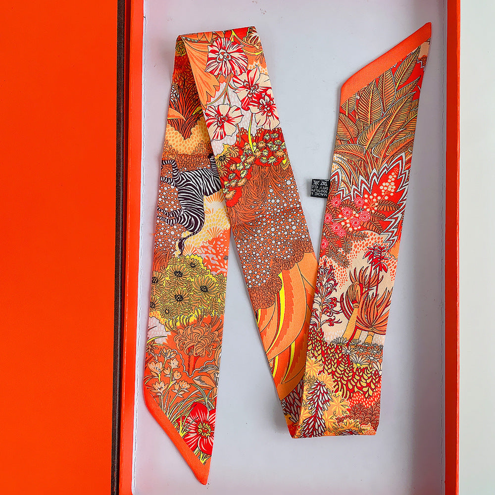 European and American Korean Version Plant Jungle Horse Women's Twill Ribbon Long Strip Ribbon Bag Tie Ribbon Hairband Small Scarf Scarf