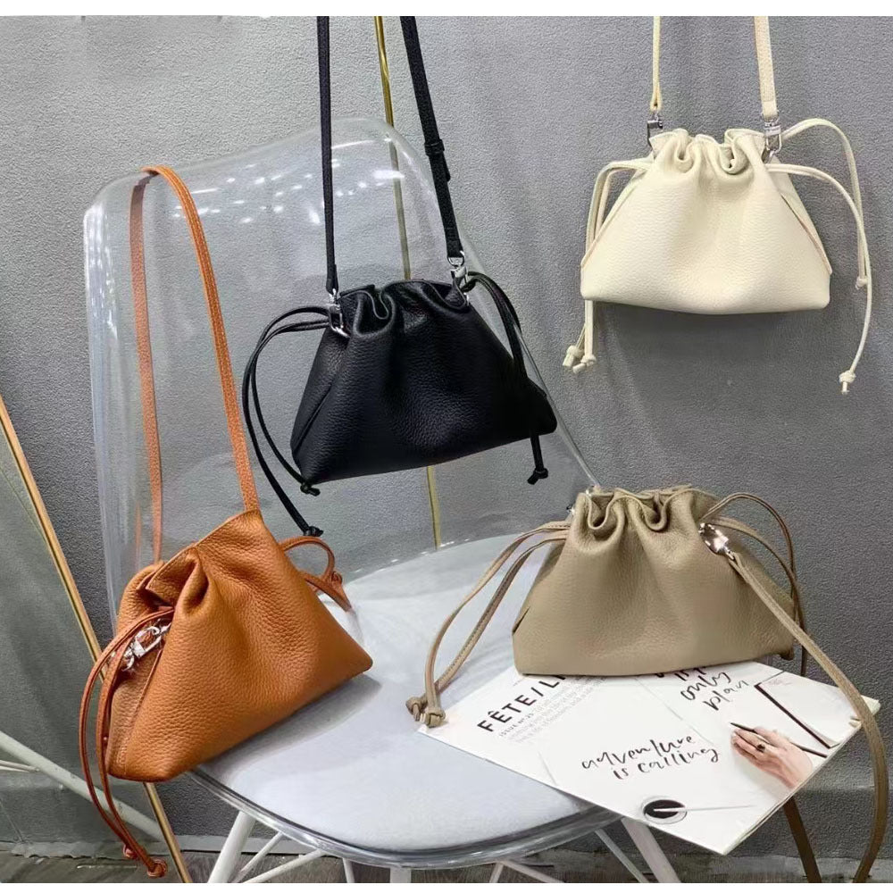 Wholesale pleated cloud bag genuine leather small handbag for women bag Bucket Bag Top Layer Cowhide Niche ins Shoulder Crossbody Bag