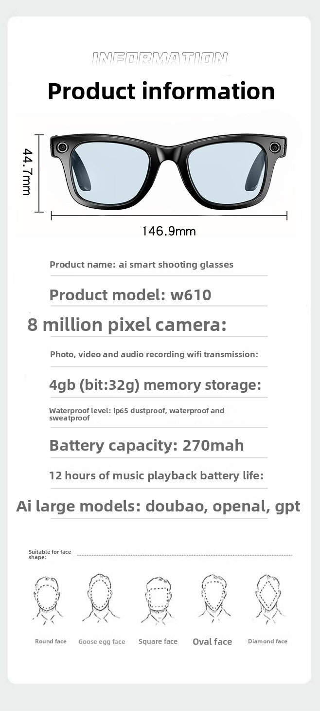 W610Smart Glasses AI Voice Assistant Translation800W Camera Listening to Music Bluetooth Calling Bluetooth