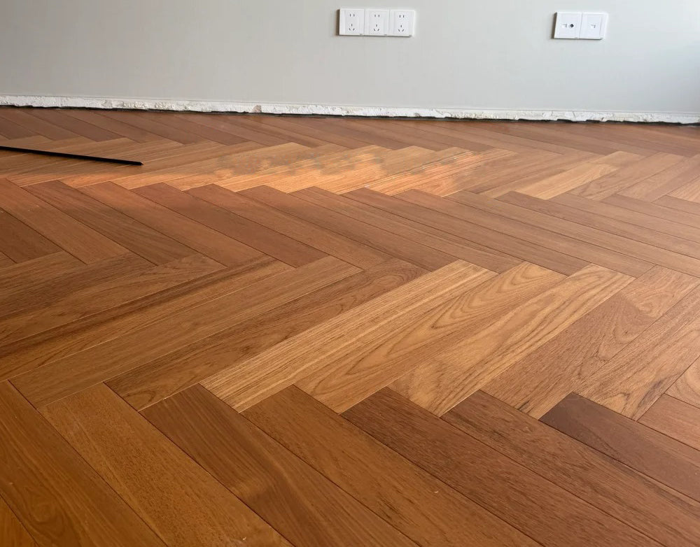 14mm Engineered Teak Herringbone Wood Flooring | Stable Construction | Custom Surface for Residential Outdoor Exterior Use |