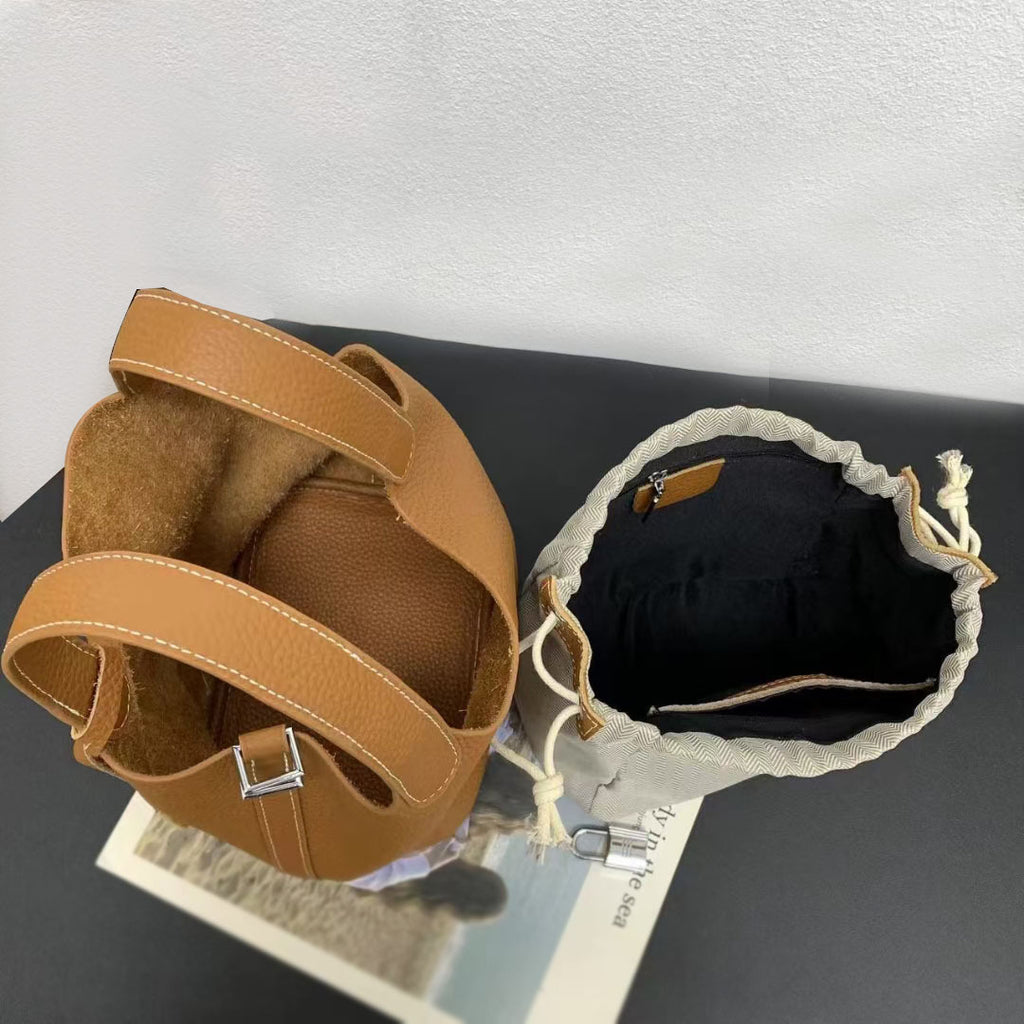 Genuine Leather Basket Bag2024New high-end casual bucket bag for women, top layer cowhide commuter handbag