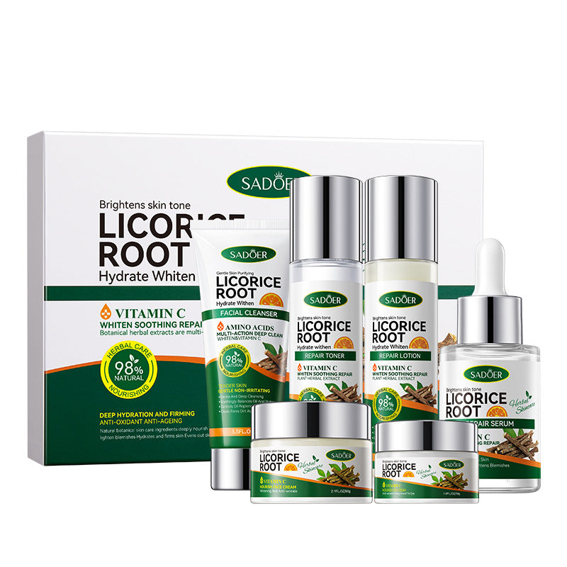 Licorice VC Skin care set SADOER Whitening, hydrating, skin rejuvenation, nourishing six-piece set for cross-border foreign trade wholesale