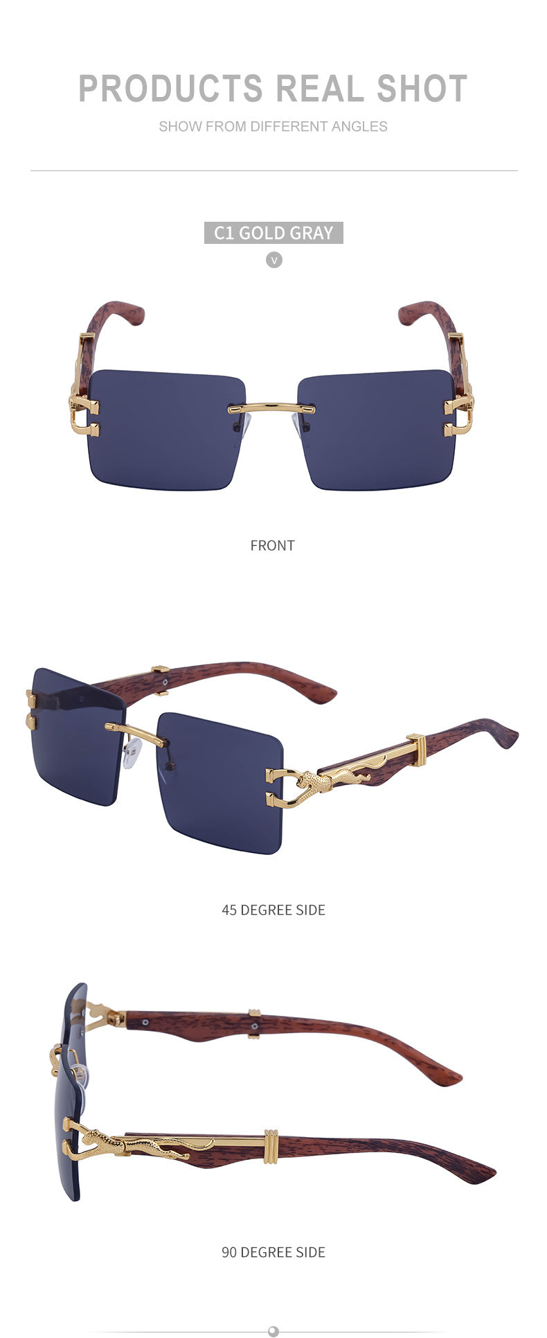 Vintage Rimless Sunglasses for Women with Leopard Wood Grain Temples, Square Frame Sunglasses for Men, Trendy Eyewear shades