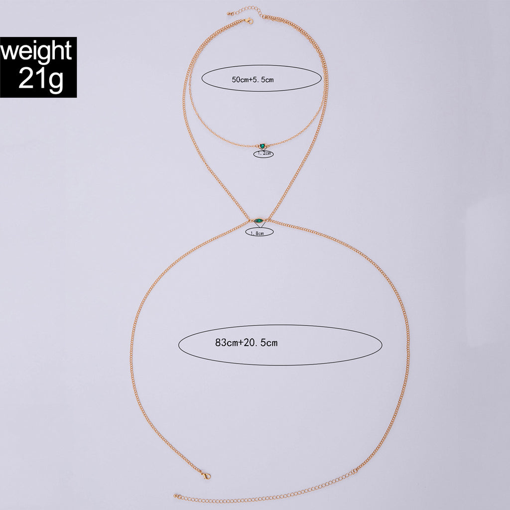 Trendy Simple Men's Body Chain Necklace Fashion Imitation Emerald Heart Hollow Chest Chain with Diamonds