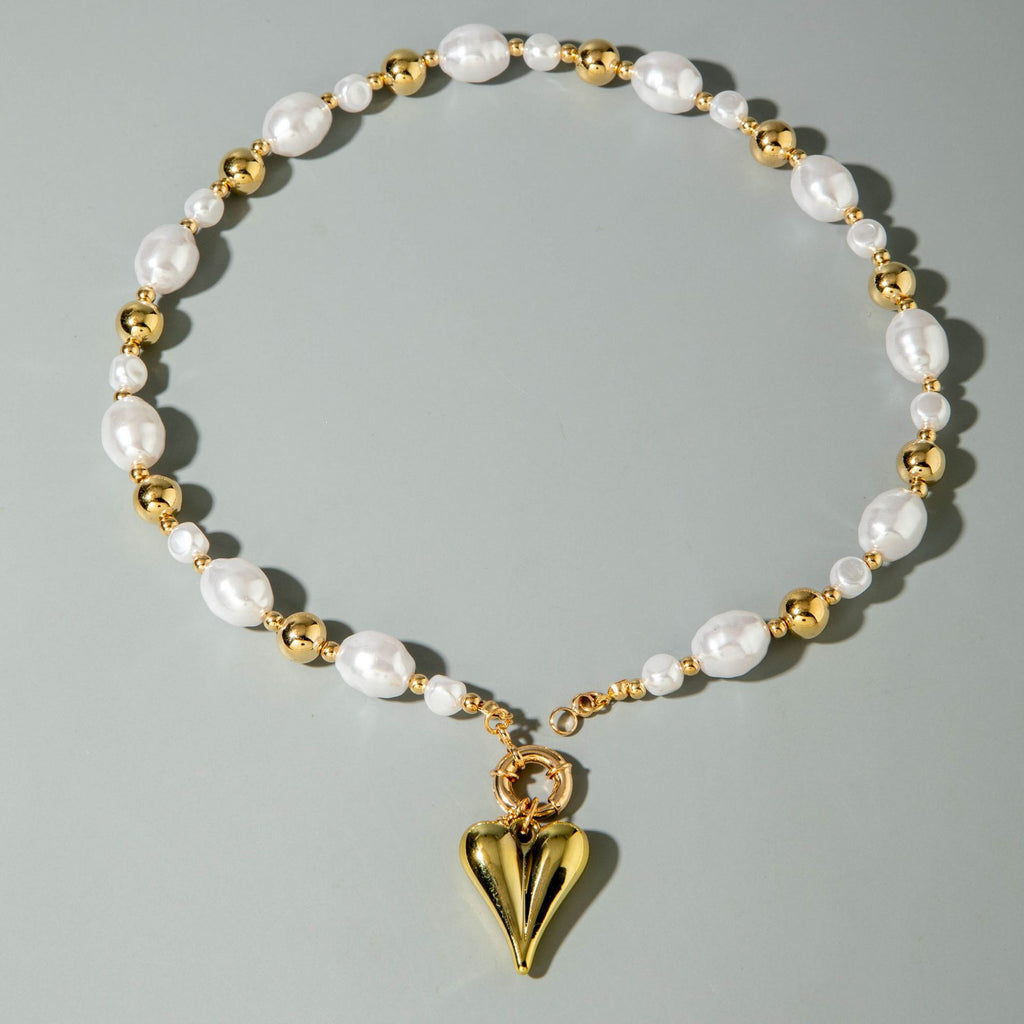 Ornament Layered Wear CCB Peach Heart Necklace Wholesale Baroque Metal Pendant Pearl Necklace