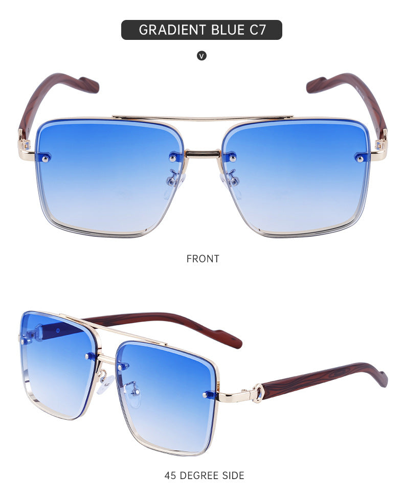 European and American Style Square Frame Cut Edge Sunglasses for Men with Imitation Wood Grain Temples, Men's Trendy Wholesale sunglass