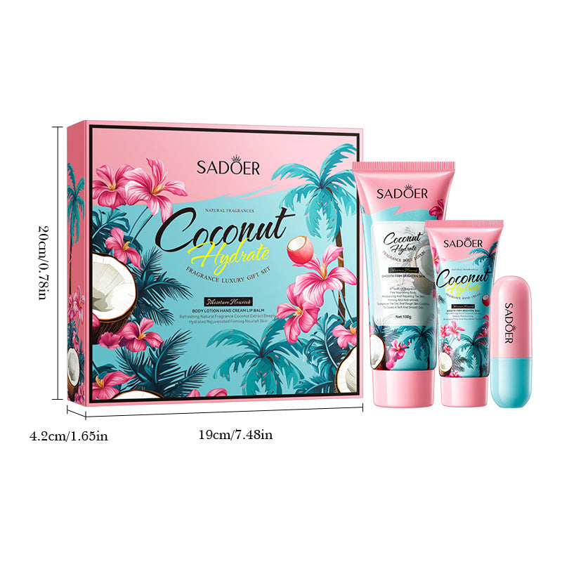 Coconut Fragrance Luxury Care Gift Box SADOER Hydrating Body Lotion Hand Cream Lip Balm  Wholesale