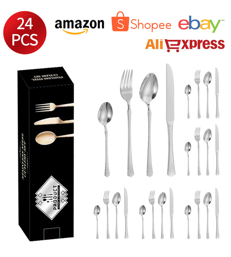 Stainless Steel Tableware Hotel Restaurant Crown Hammered Knife Fork Spoon24Set of Western Steak Knives and Forks