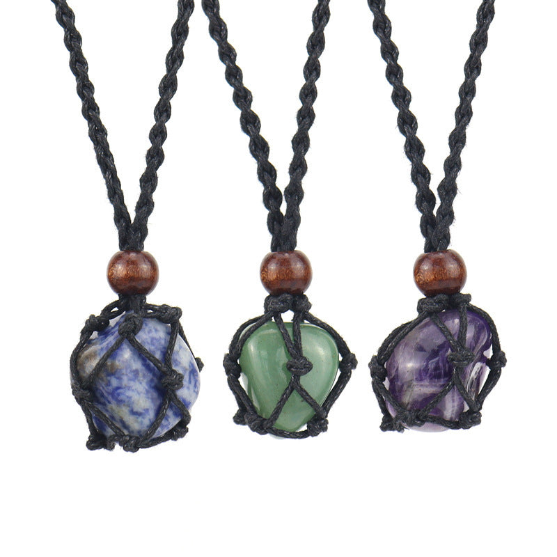 Men's Woven Mesh Necklace Natural Stone Crystal Vintage Sweater Chain Tiger Eye Stone Lapis Lazuli Amethyst Mesh Necklace