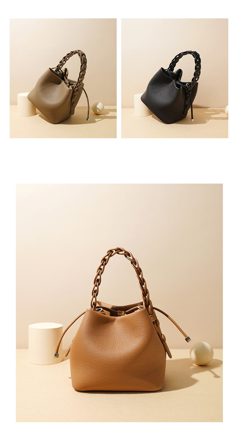 European Style New Top Layer Cowhide Bucket Bag High-Quality Genuine Leather Fashion Women's Handbag Tote Shoulder Crossbody Bag Woven