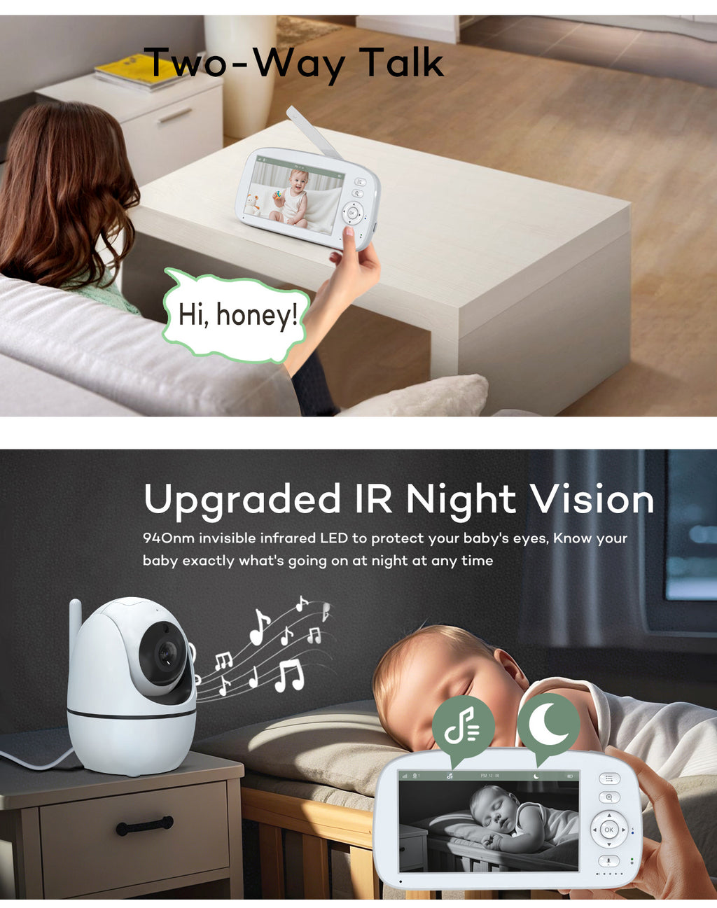 5.0Inch Digital Children's Night Vision Monitor Lullaby Intercom Room Temperature Detection HD Wireless Baby Monitor