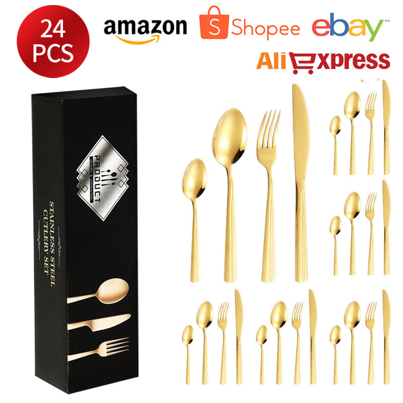 410Stainless Steel Tableware Hotel Restaurant Sand Texture Knife Fork Spoon Tea Spoon24Set of gold Western Steak Knives and Forks