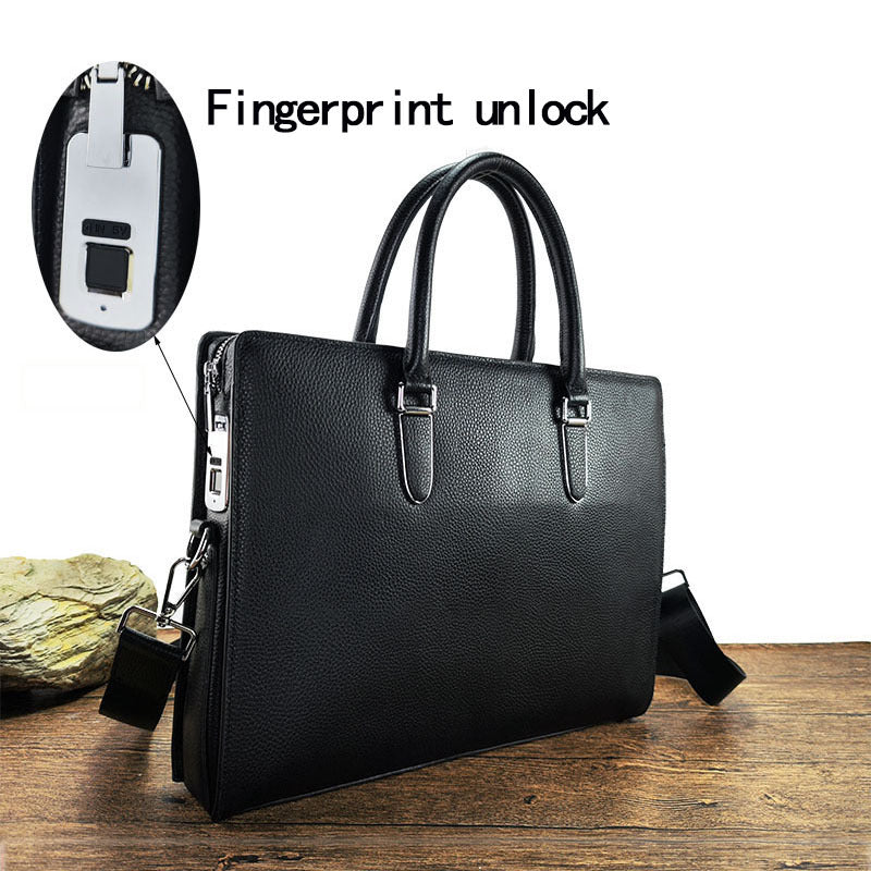 Anti-theft Fingerprint Lock Genuine Leather Briefcase Men's Business Handbag Commuting High-end Shoulder Crossbody Bag Fingerprint Unlock