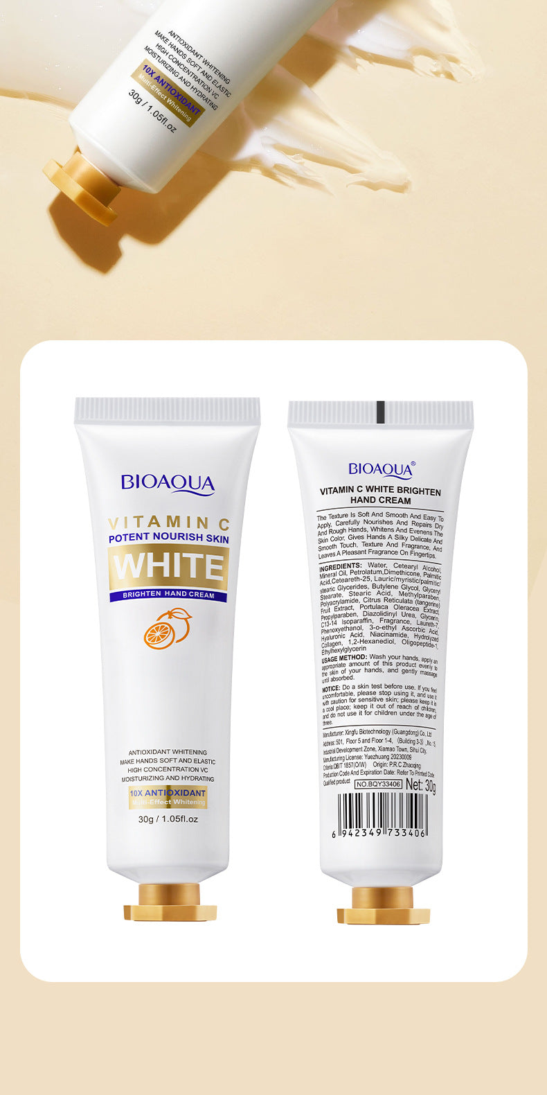 BIOAOUA Vitamin C Whitening and Brightening Hand Cream Anti-Cracking Moisturizing Whitening Hand Cream Wholesale