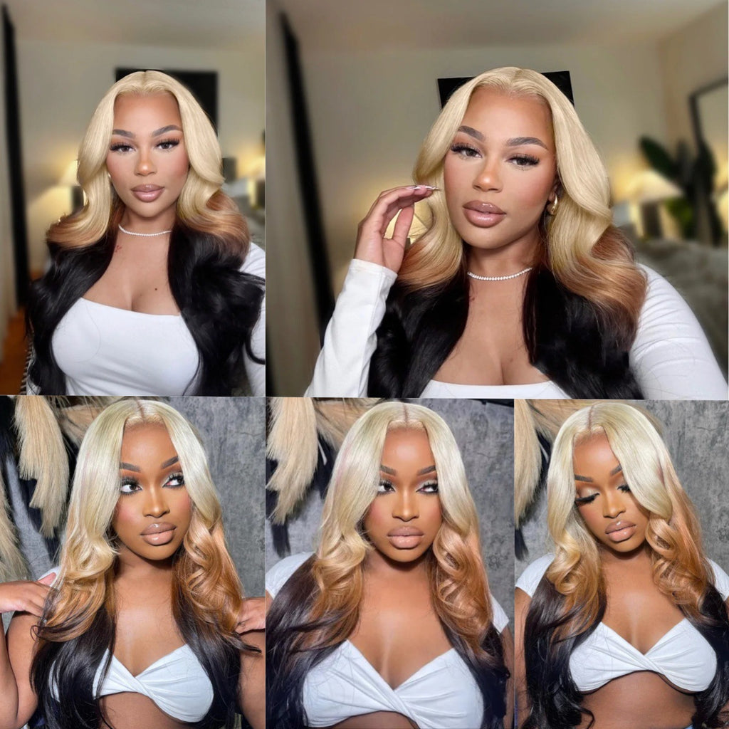 gold Brown Gradient Highlight Synthetic Wig Cross-Border Europe and America Blonde Ombre 13*4 Lace Front