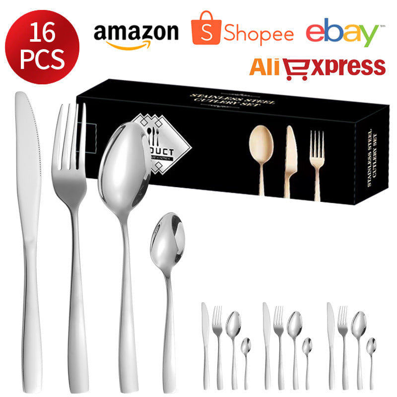 410Stainless Steel Tableware24Set of Hotel Western Dining Square Handle Steak Knife, Fork, Spoon, Tea Spoon