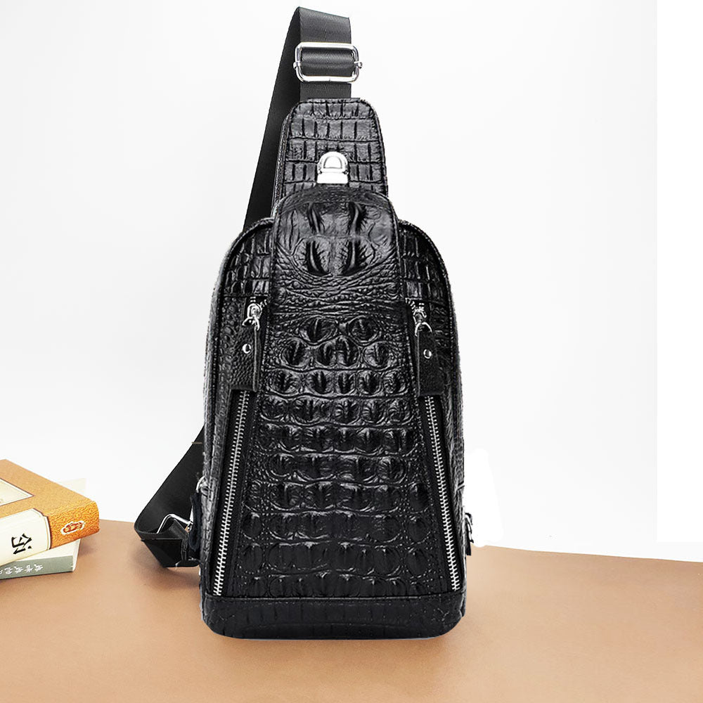 Men's Genuine Leather Chest Bag Multi-Functional Password Lock Cycling Crossbody Bag Backpack Crocodile Pattern Top Layer Cowhide Men's Bag Durable