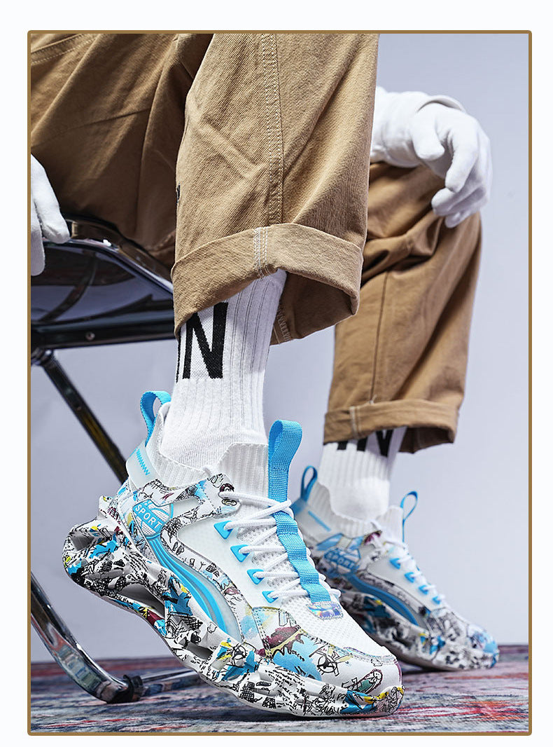 Spring Summer New Style Flyknit Camouflage Blade Men's Shoes Fashion Casual Sports Shoes Shock Absorption Height Increasing Dad Versatile Trendy Shoes