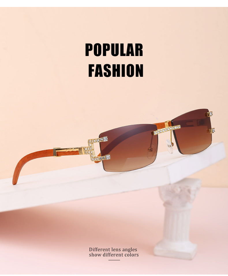 Imitation Wood Grain Leg Retro Sunglasses for Men Fashion Trend Diamond-Studded Rimless Sunglasses Men's Sun Protection Square Frame Glasses Street Style