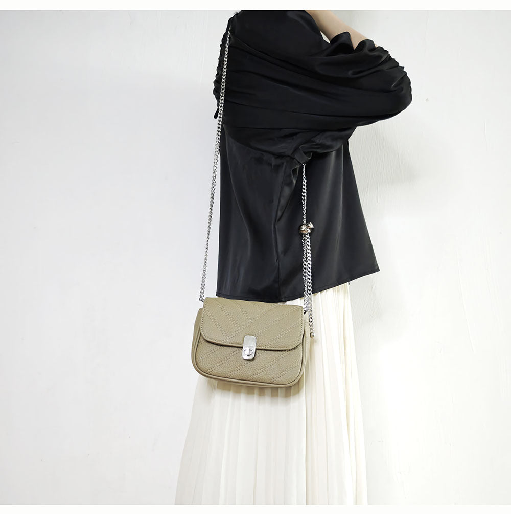 Genuine Leather Women's Bag New Metal Chain Small Square Bag Simple Versatile Chanel Style Single Shoulder Solid Color Embroidered Thread Crossbody Bag