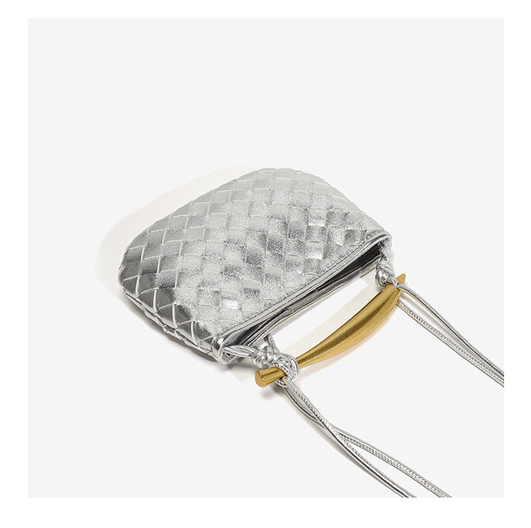 European and American Handmade Woven Bag Sardine Bag Niche Design Dumpling Bag Women's Metal Handbag Shoulder Bag Crescent Bag