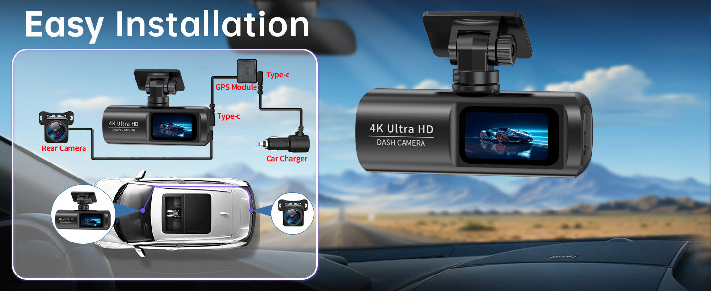 4K Hd V22Dual Lens Dash Cam GPS Mobile Phone APP Interconnection Dual Front and Rear Recording of Reversing Footage