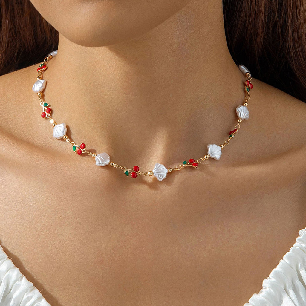 European and American Style Jewelry Light Luxury Imitation Pearl Cherry Necklace High-End Versatile Grass Multi-Layer Stacking Necklace Wholesale