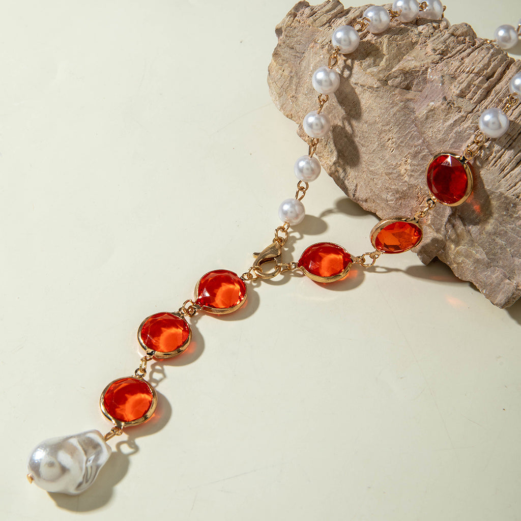 European and American Jewelry Red Diamond Cross Pendant Pearl Necklace Geometric Oval Red Diamond Necklace Wholesale