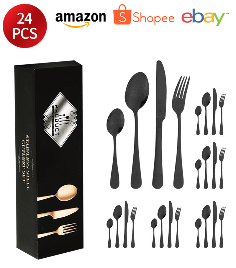 Stainless Steel Cutlery Set1010Double Flower Relief Knife, Fork, and Spoon24Set of Western Steak Knives and Forks