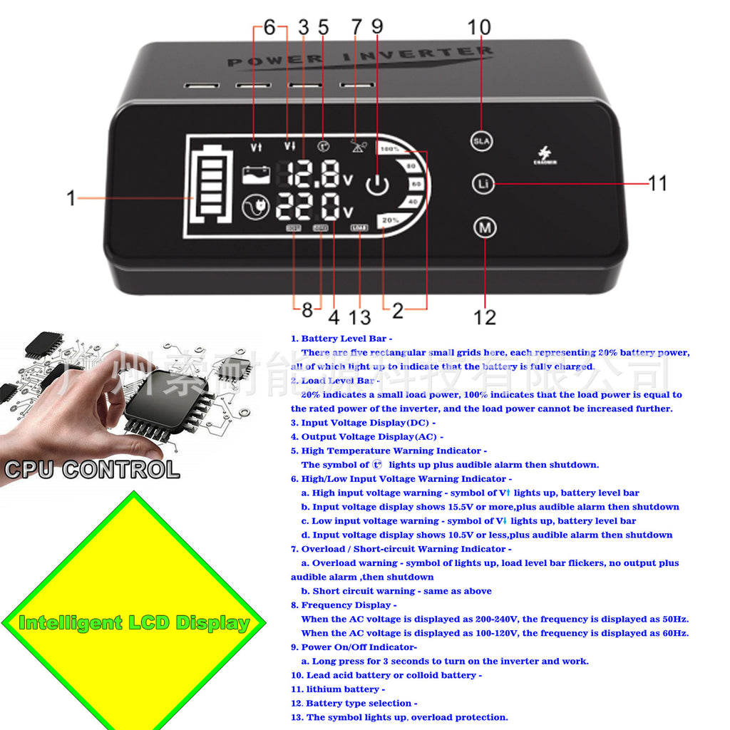 Pure Sine Wave Inverter1000W 12V Turn220V Smart Touch Display Screen Amazon eBay New Product Launched