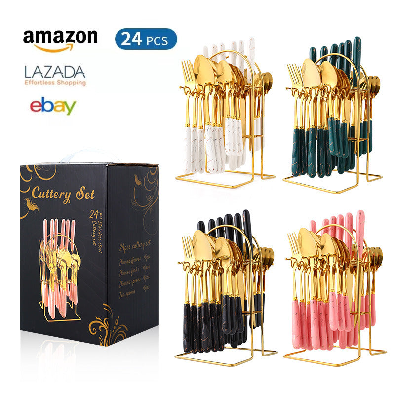 Stainless Steel Ceramic Tableware24Set of Western Cutlery Knife Fork Spoon Gift Box Nordic Style