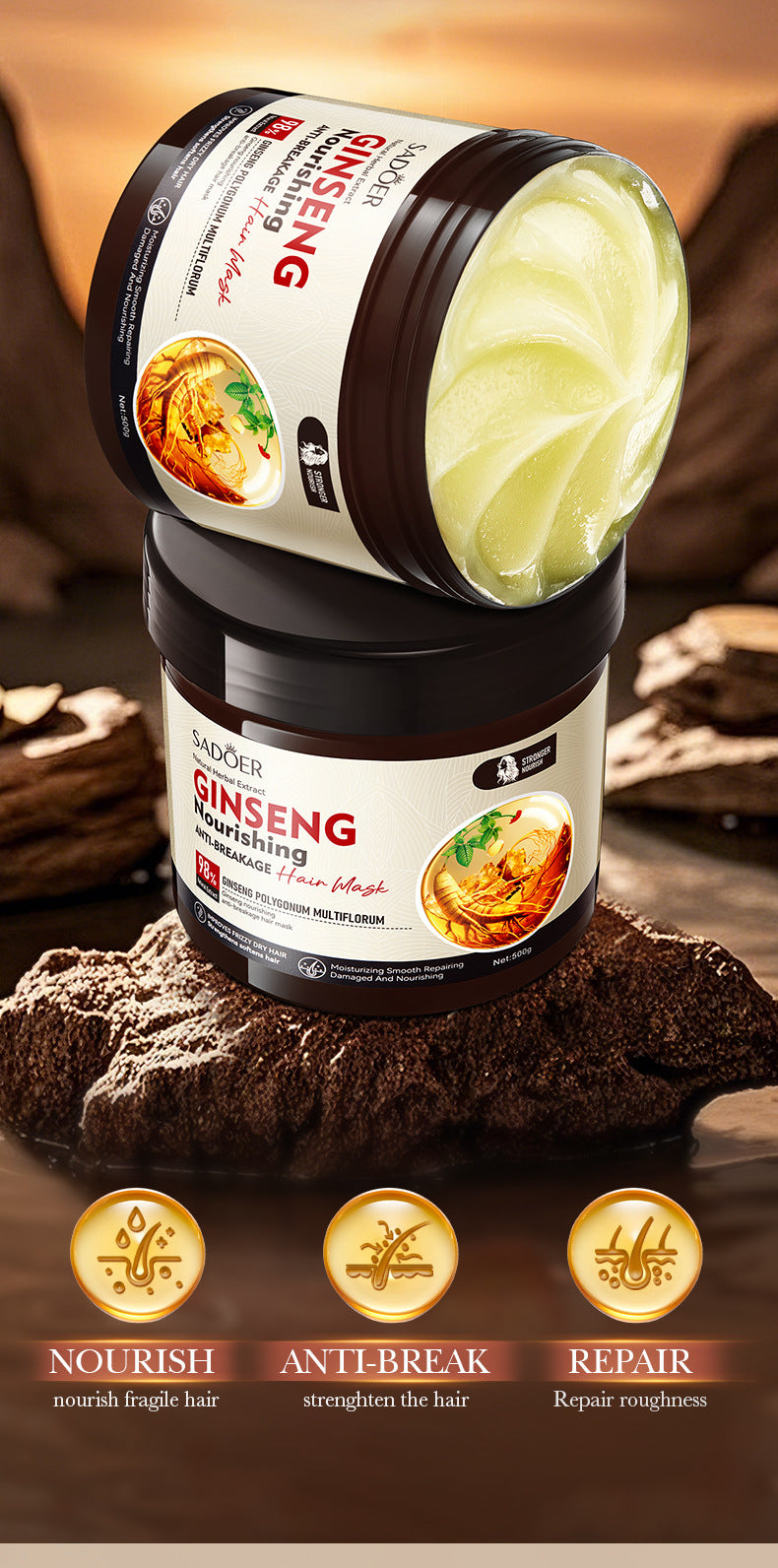 Ginseng and Polygonum Multiflorum Hair Mask SADOER Nourishing Anti-Breakage Smooth Voluminous Hair Mask  Wholesale